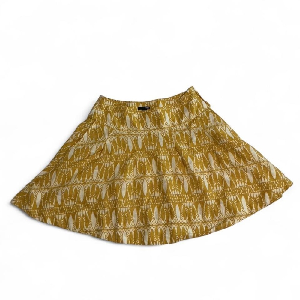 H&M Linen Mini Skirt Womens 10 Yellow White Geometric Print A-Line Pocket
